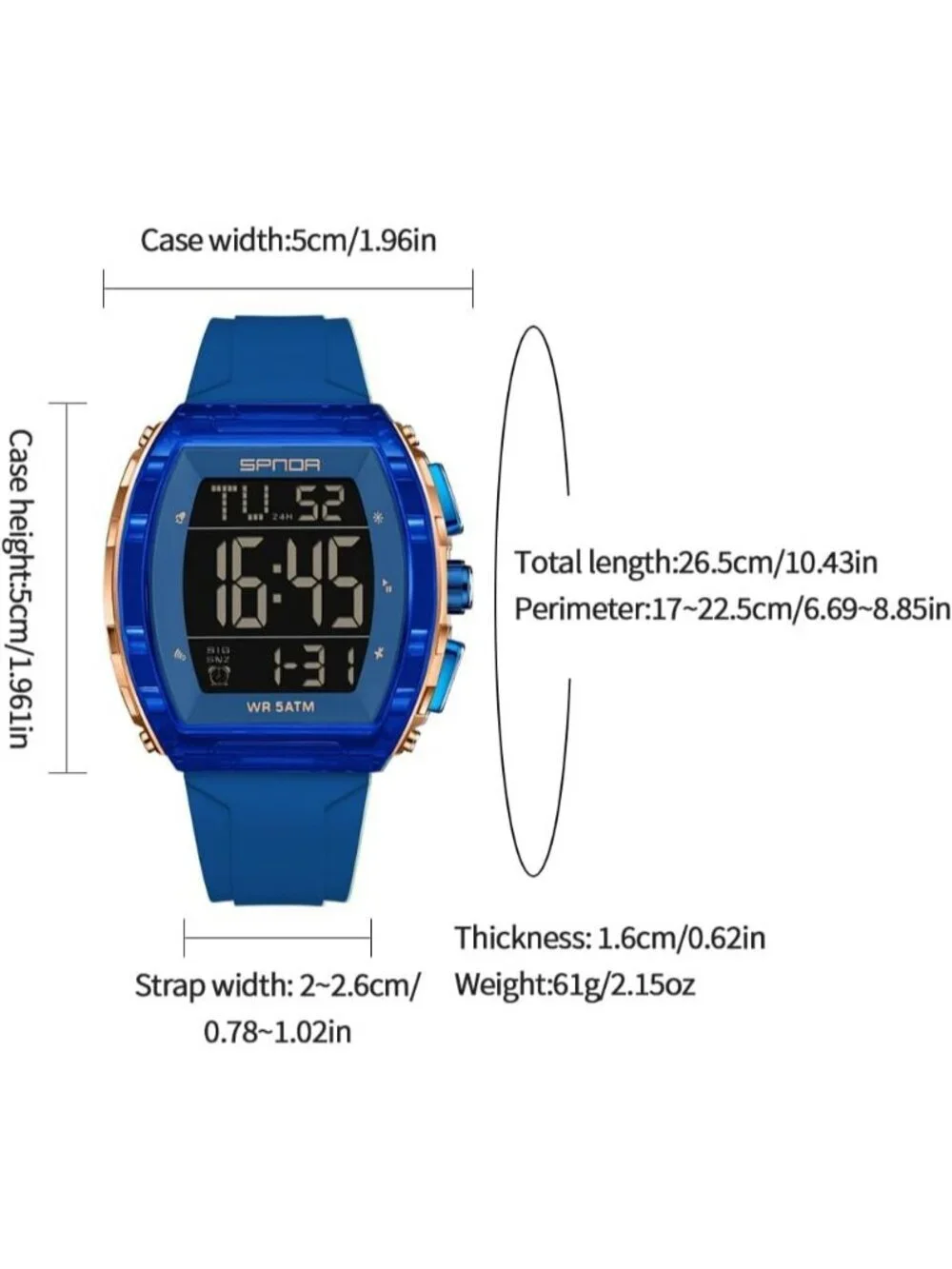 Men's All Blue Analog Quartz Tonneau Shape Dual Waterproof Digital Luxury Watch